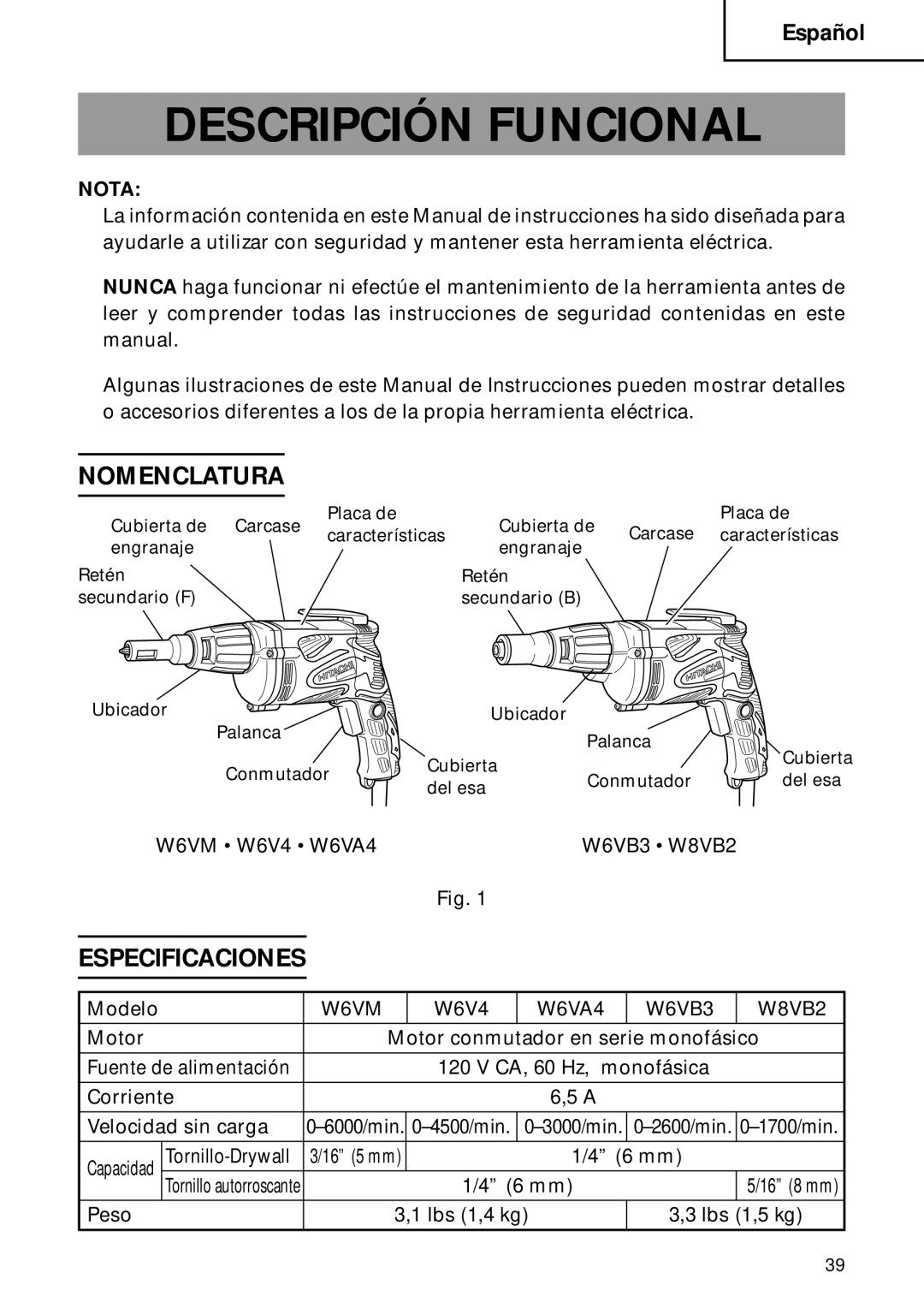 Hitachi Koki USA W6V4, W8VB2, W6B3, W6VA4, W6VM instruction manual Descripción Funcional, Nomenclatura, Especificaciones, Nota 