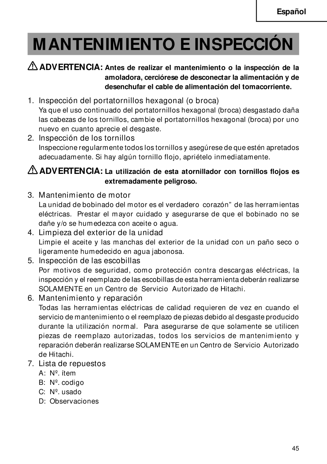 Hitachi Koki USA W8VB2, W6B3, W6VA4, W6VM, W6V4 instruction manual Mantenimiento E Inspección 