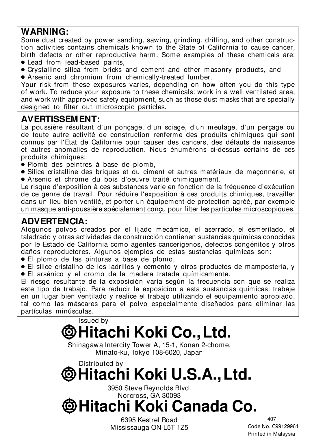 Hitachi Koki USA W6B3, W8VB2, W6VA4, W6VM, W6V4 instruction manual Hitachi Koki Canada Co 