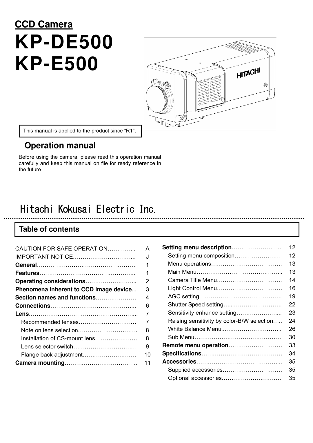 Hitachi operation manual KP-DE500 KP-E500, Table of contents 