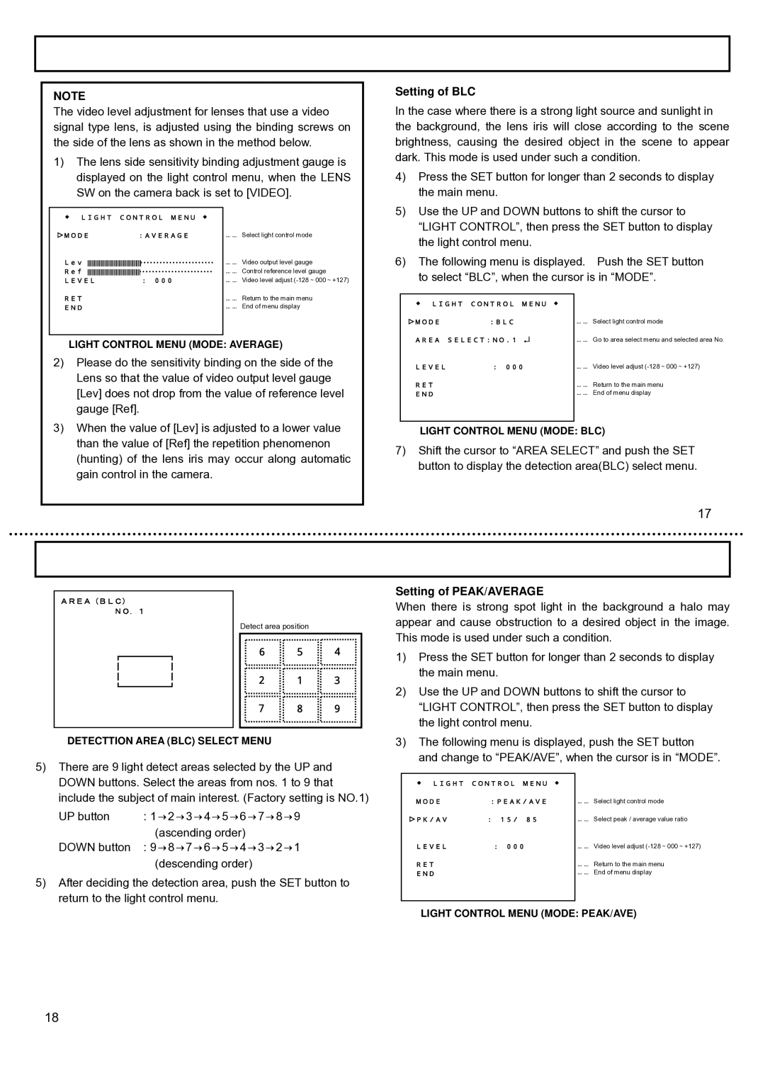 Hitachi KP-E500, KP-DE500 operation manual Setting of BLC, Setting of PEAK/AVERAGE, Light control menu 