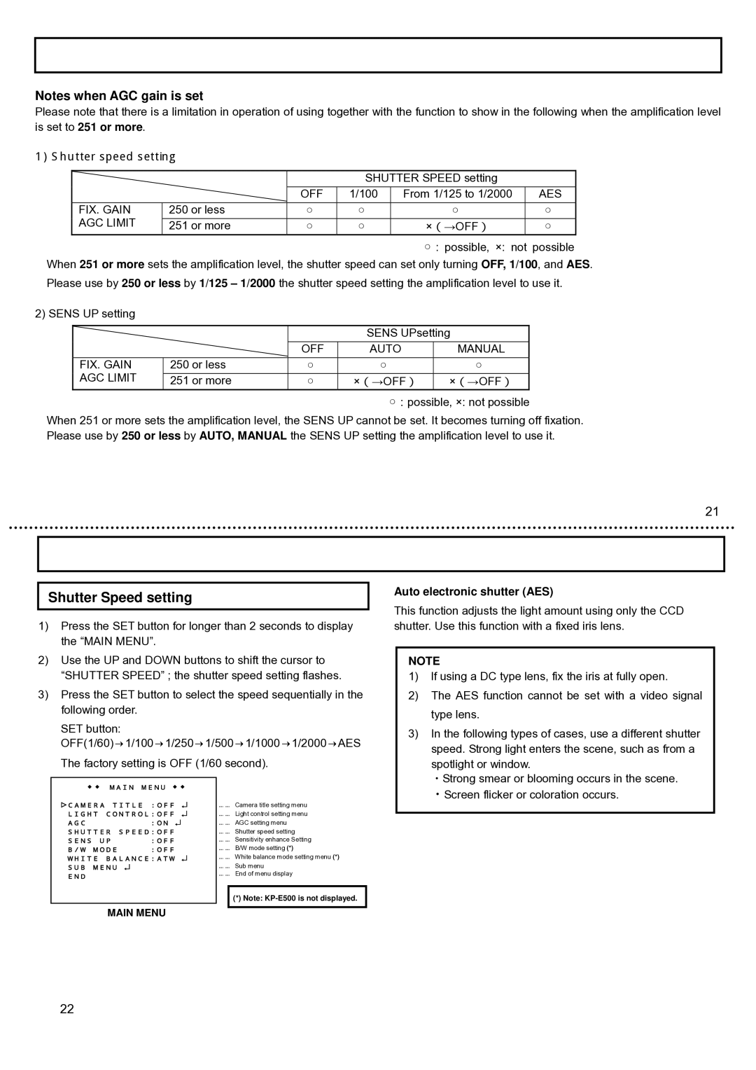 Hitachi KP-E500, KP-DE500 operation manual Shutter Speed setting, Auto electronic shutter AES 