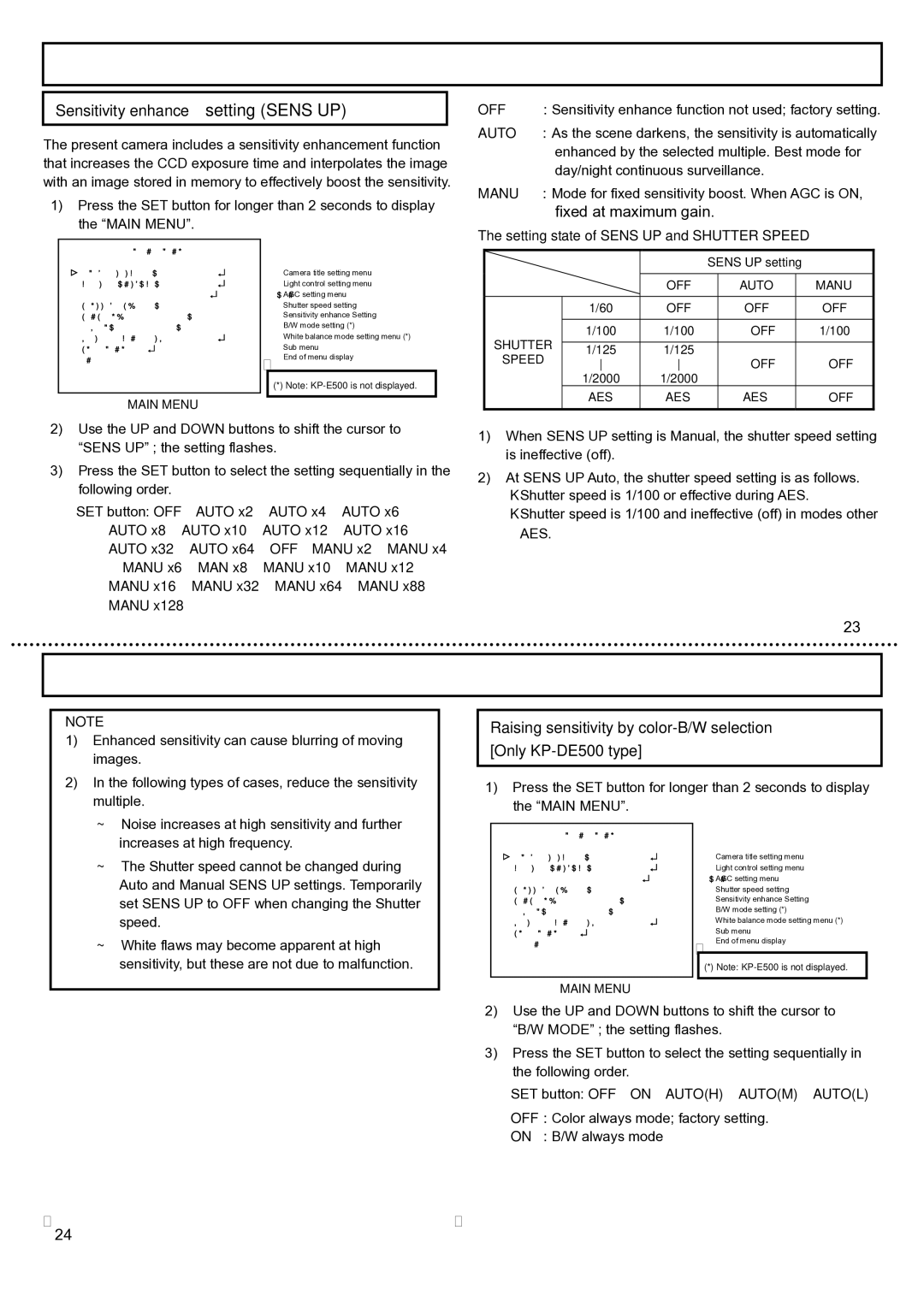 Hitachi KP-DE500, KP-E500 operation manual Sensitivity enhance setting Sens UP, Fixed at maximum gain, Auto, Manu 