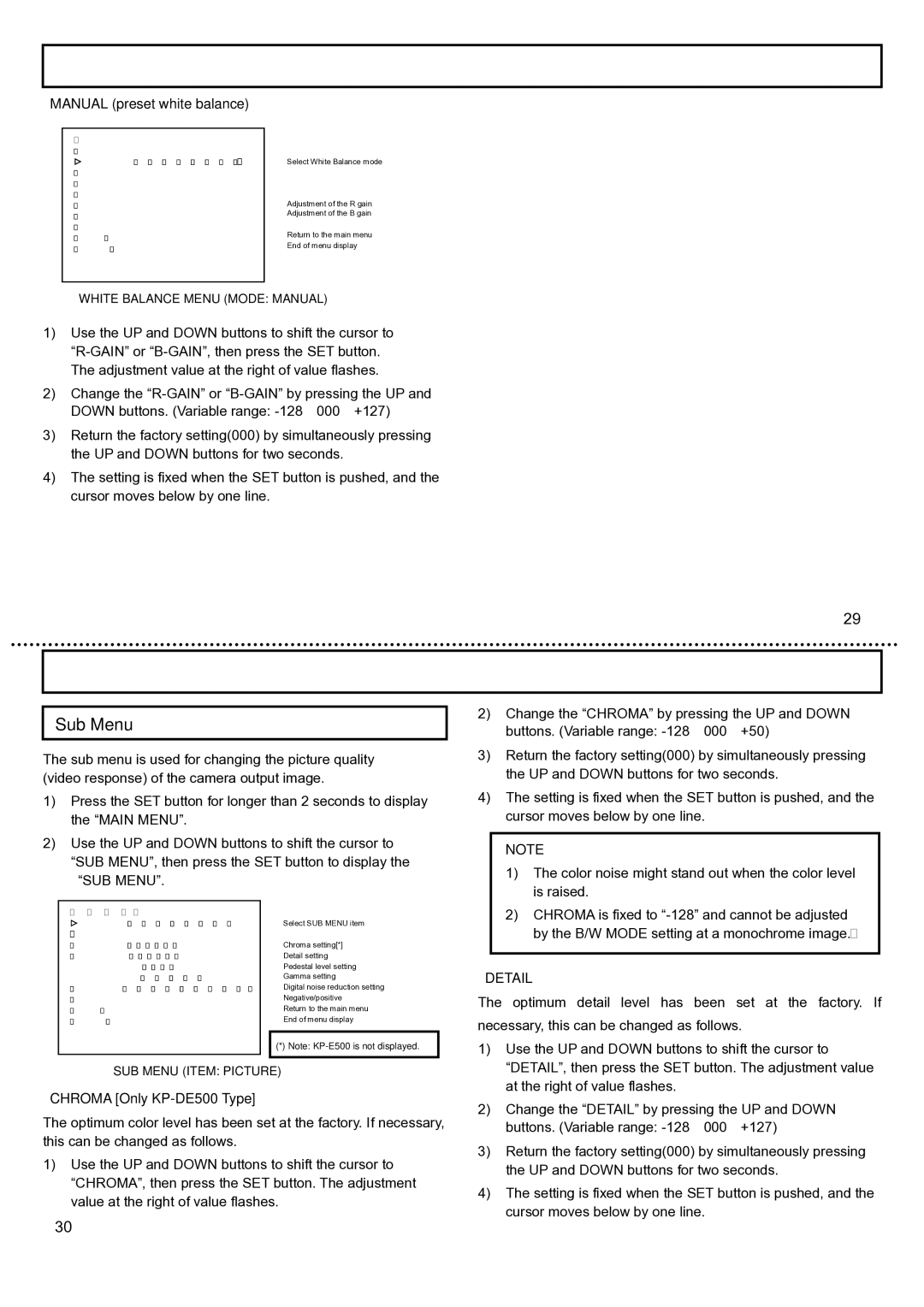 Hitachi KP-E500 operation manual Sub Menu, ･MANUAL preset white balance, ･CHROMA Only KP-DE500 Type, ･Detail 