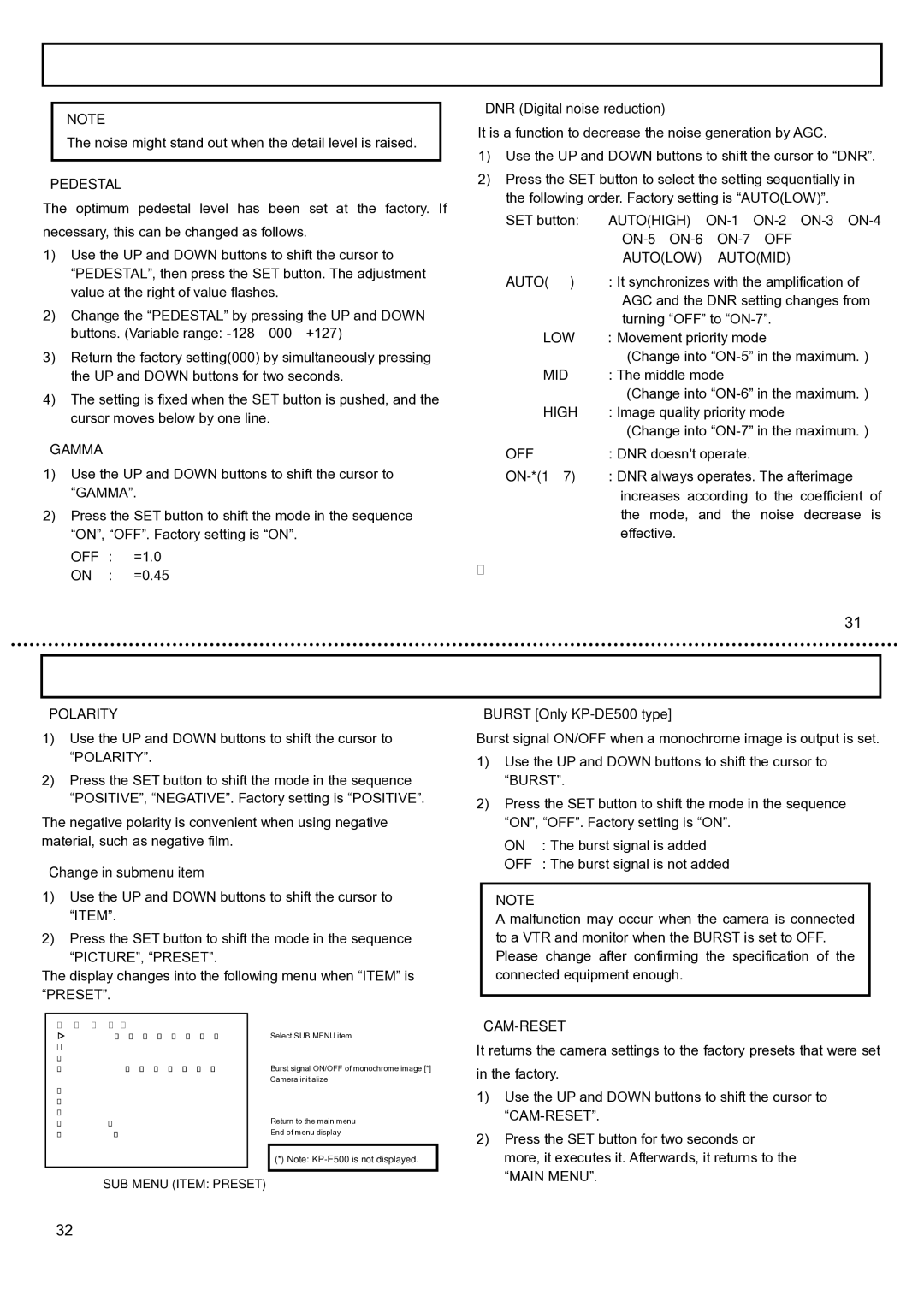 Hitachi KP-DE500, KP-E500 operation manual ･Pedestal, Low, Mid, High, ･Gamma, ･Polarity, ･Cam-Reset 