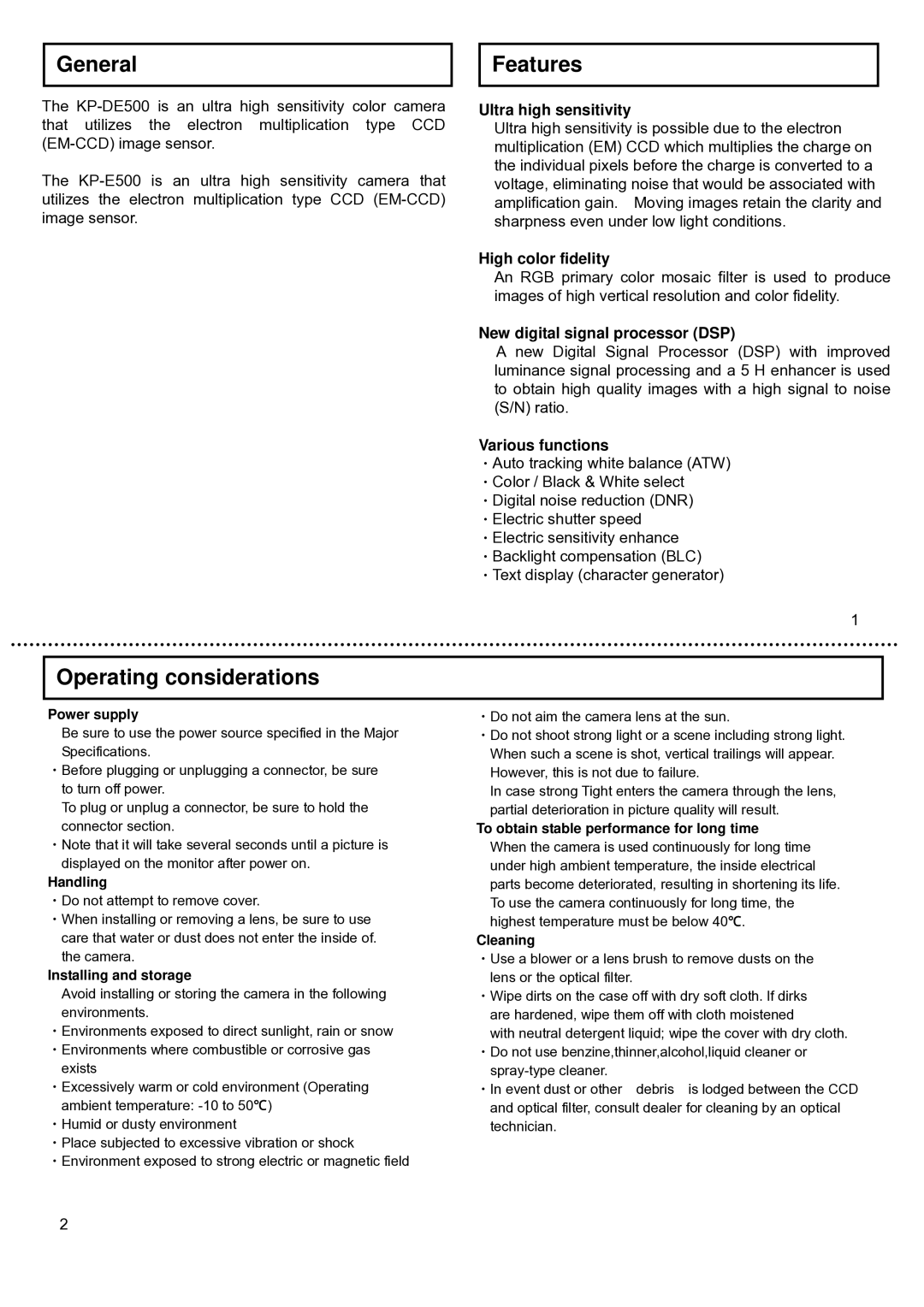 Hitachi KP-DE500, KP-E500 operation manual General, Features, Operating considerations 