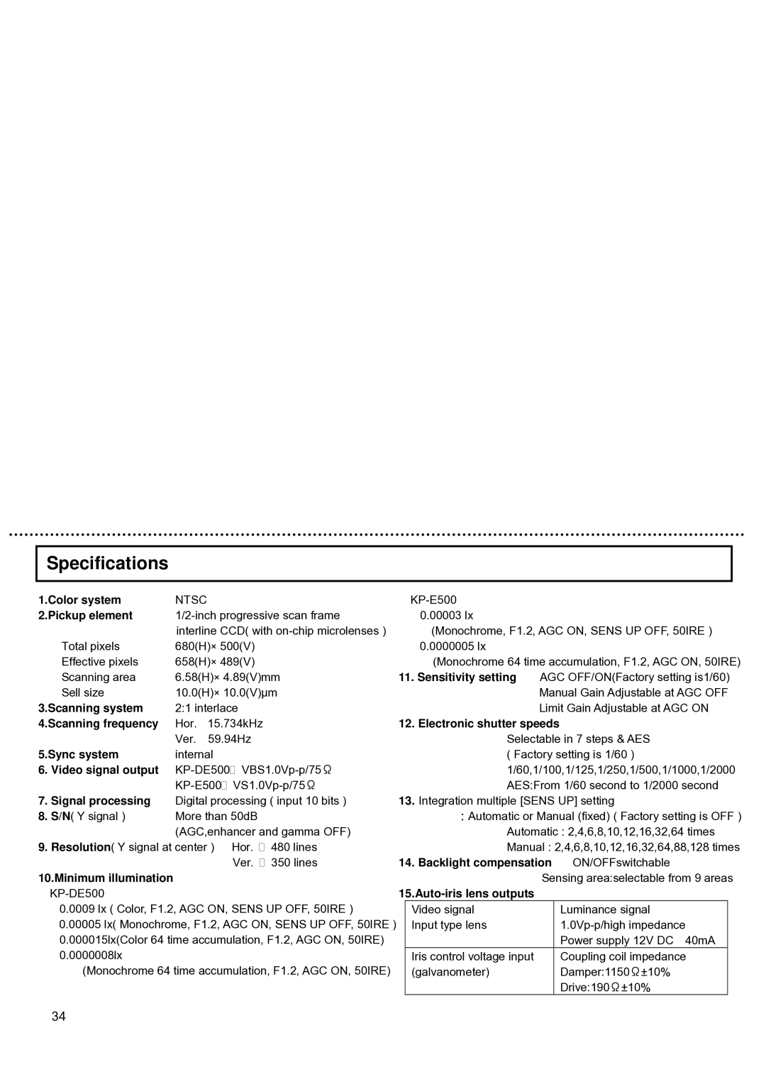 Hitachi KP-DE500, KP-E500 operation manual Specifications 