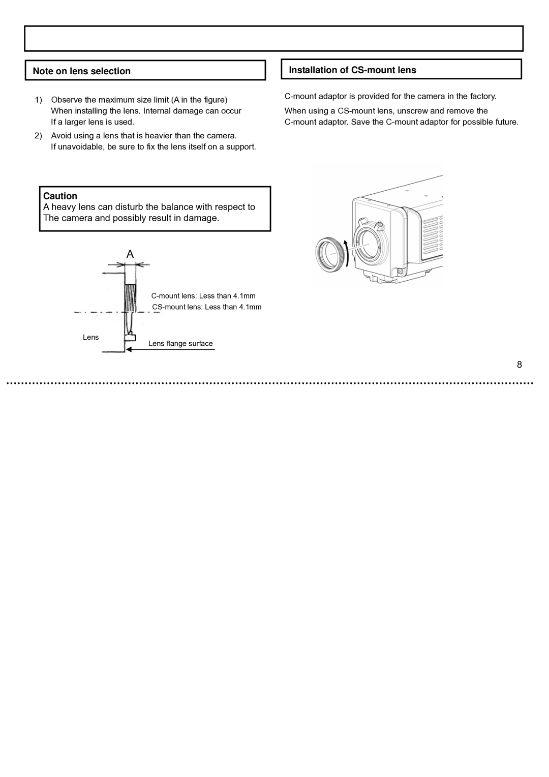 Hitachi KP-DE500, KP-E500 Installation of CS-mount lens, Mount adaptor is provided for the camera in the factory 