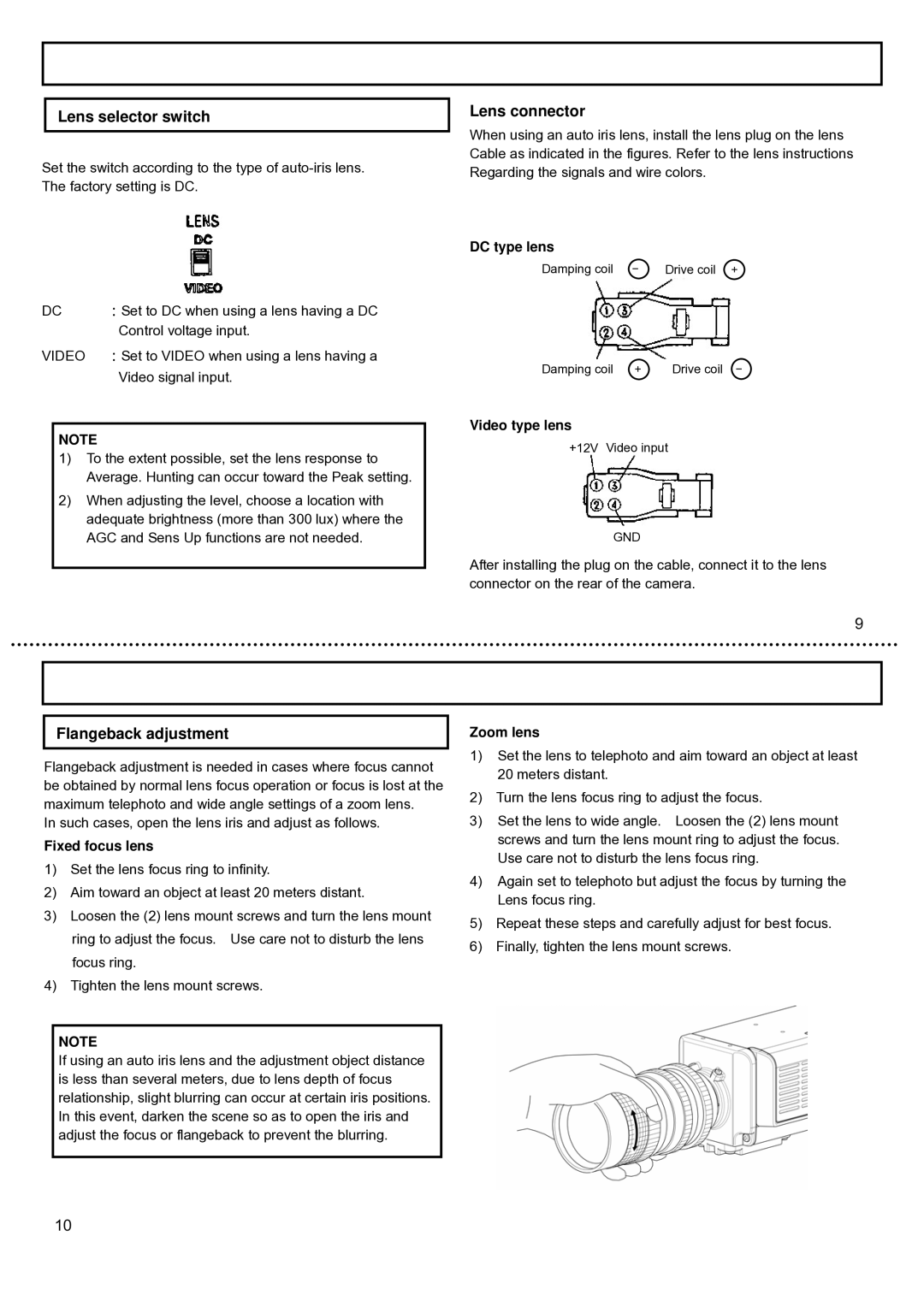 Hitachi KP-E500, KP-DE500 operation manual Lens selector switch, Lens connector, Flangeback adjustment 