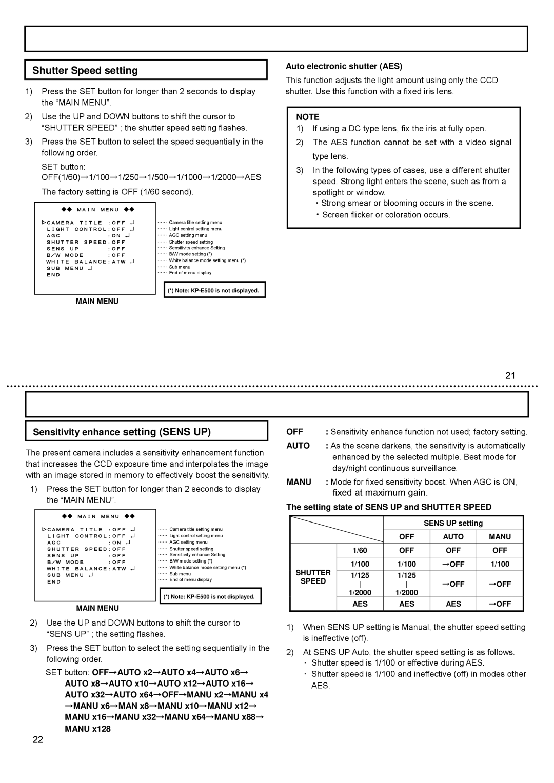 Hitachi KP-E500, KP-DE500 Shutter Speed setting, Sensitivity enhance setting Sens UP, Fixed at maximum gain, Auto, Manu 