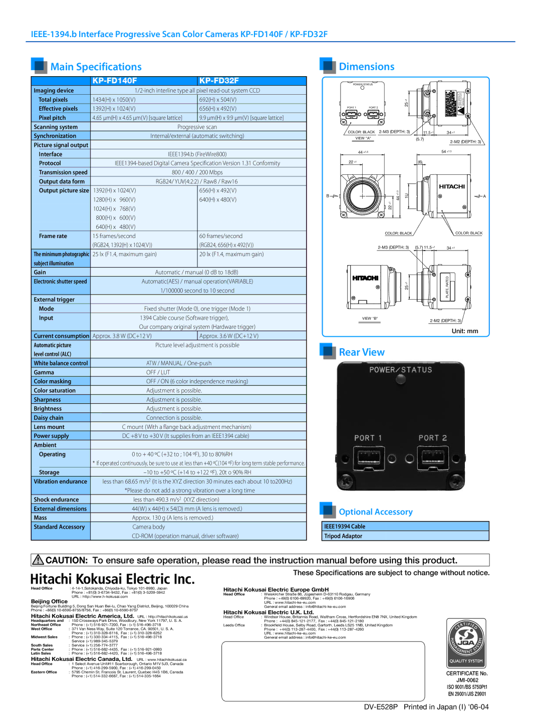 Hitachi KP-FD140F KP-FD32F manual Main Specifications, Dimensions, Rear View 