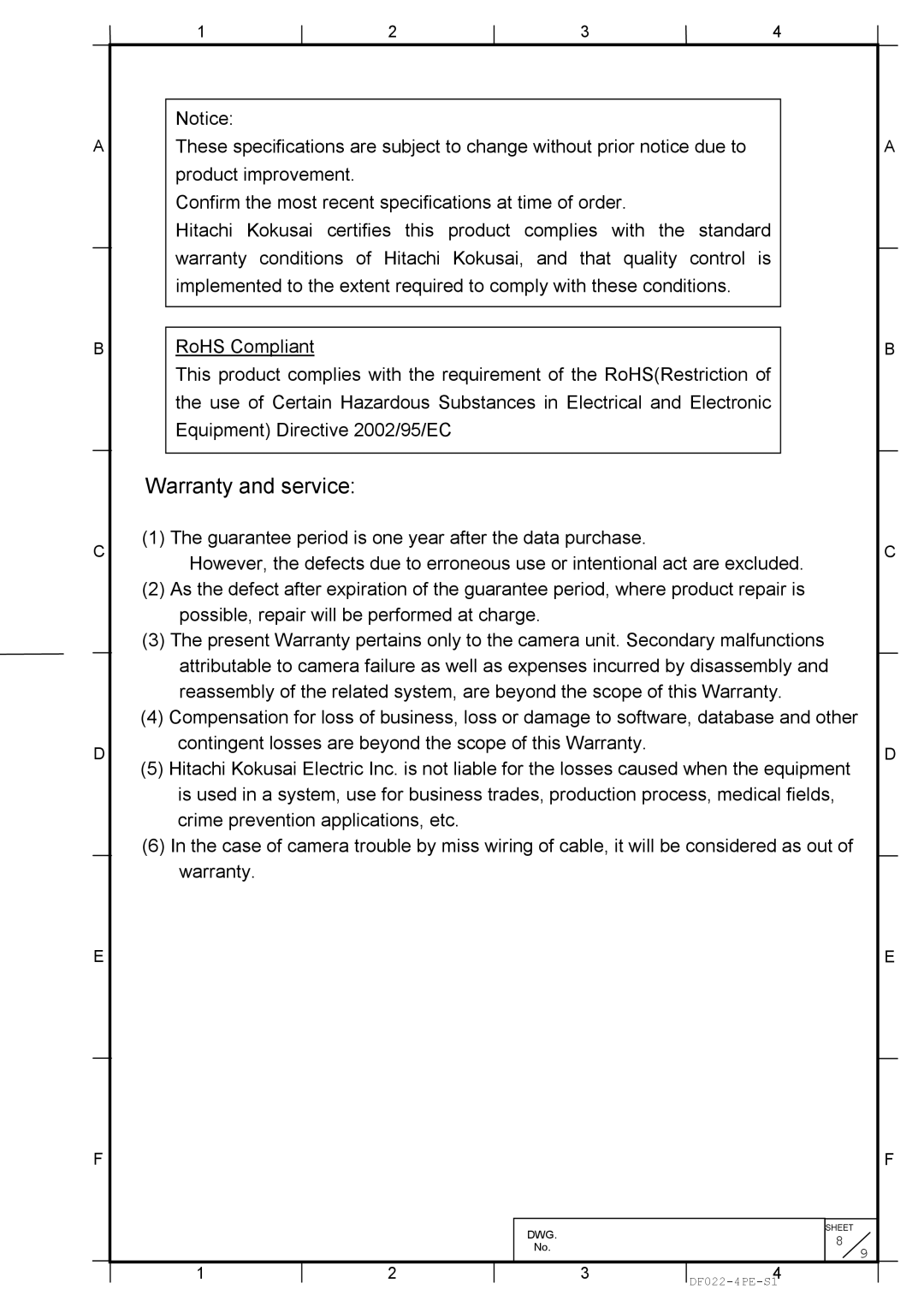 Hitachi KP-FD202GV specifications Warranty and service 