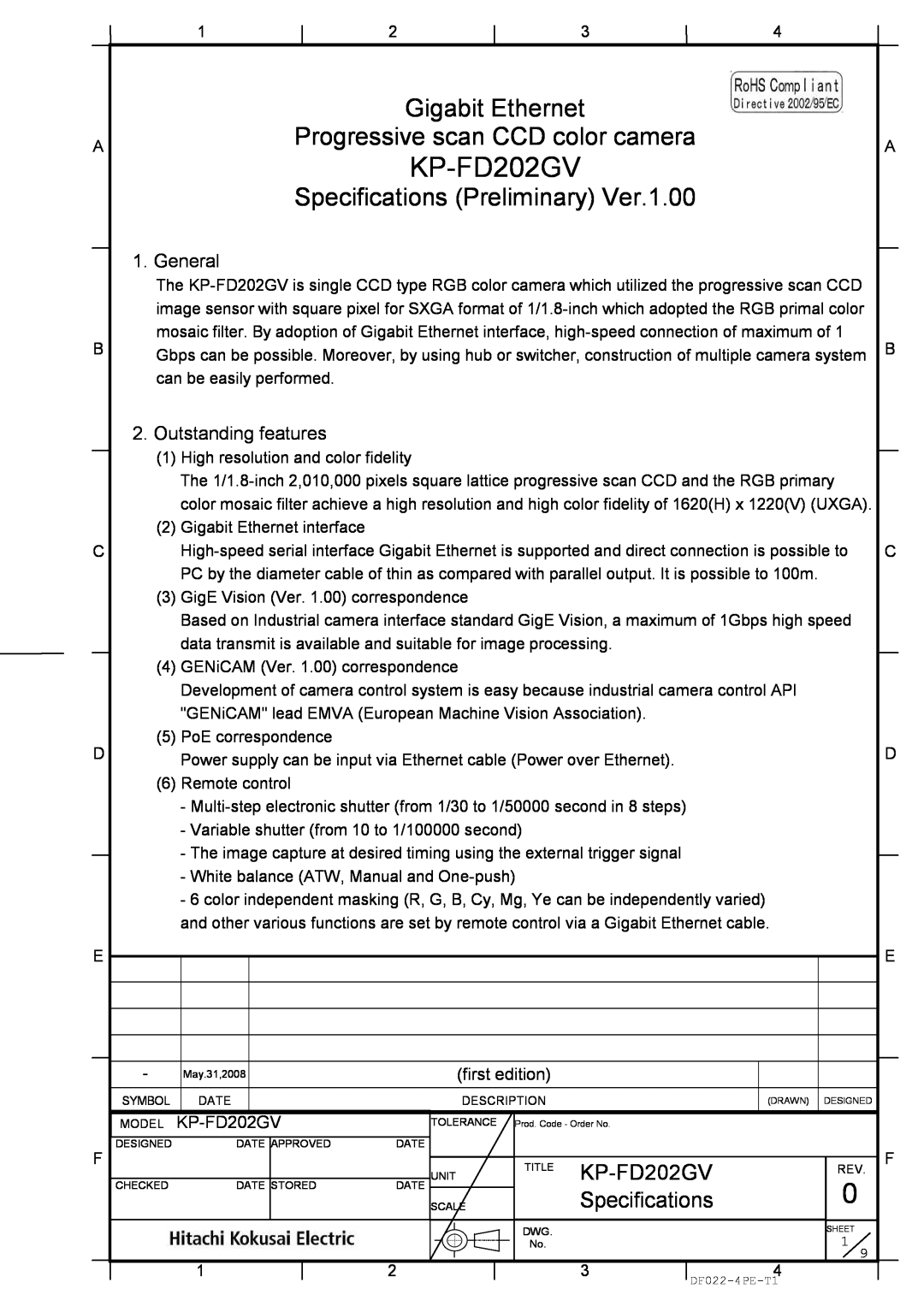 Hitachi KP-FD202GV specifications Specifications, Gigabit Ethernet, Progressive scan CCD color camera, first edition 