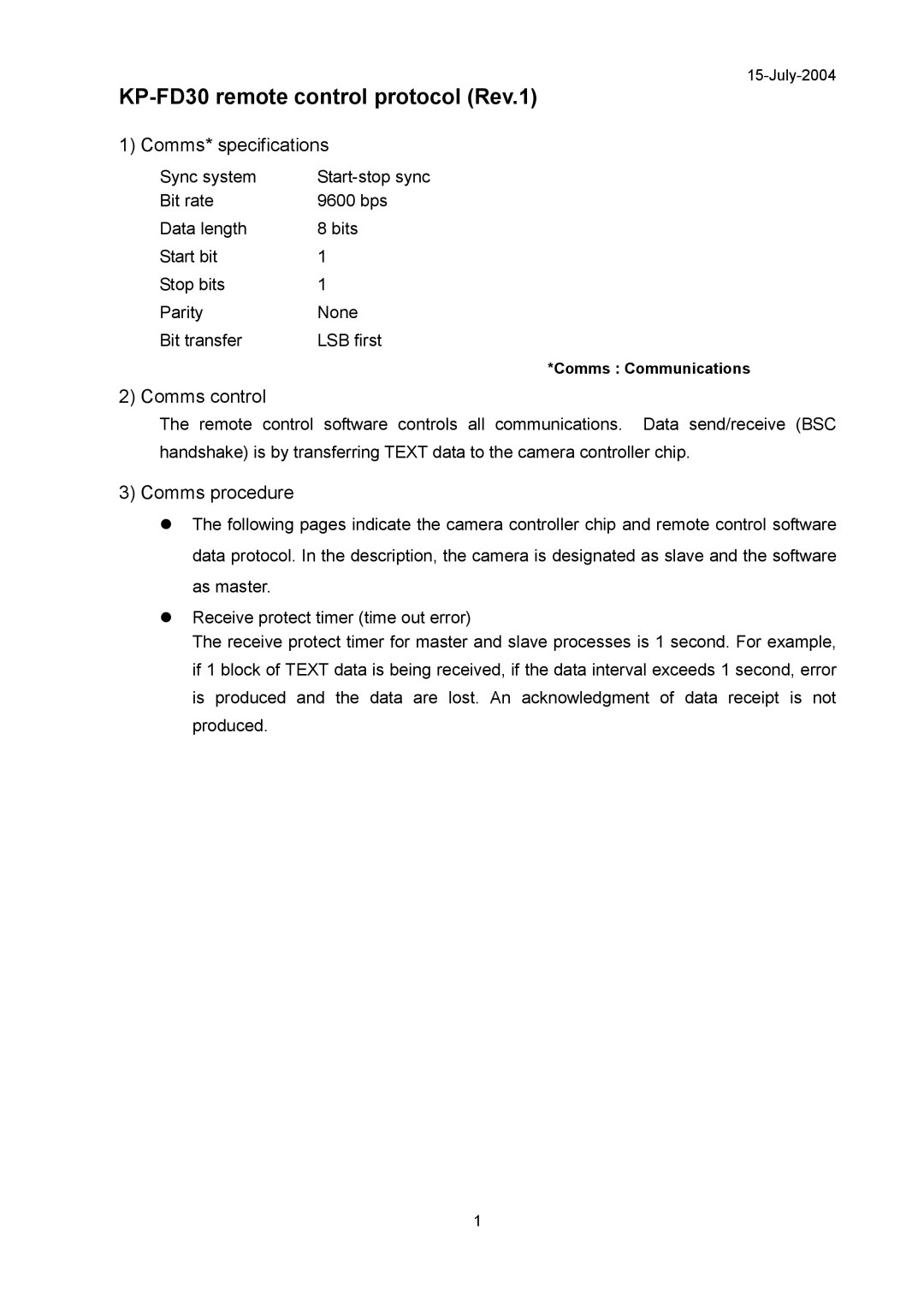 Hitachi specifications KP-FD30 remote control protocol Rev.1 