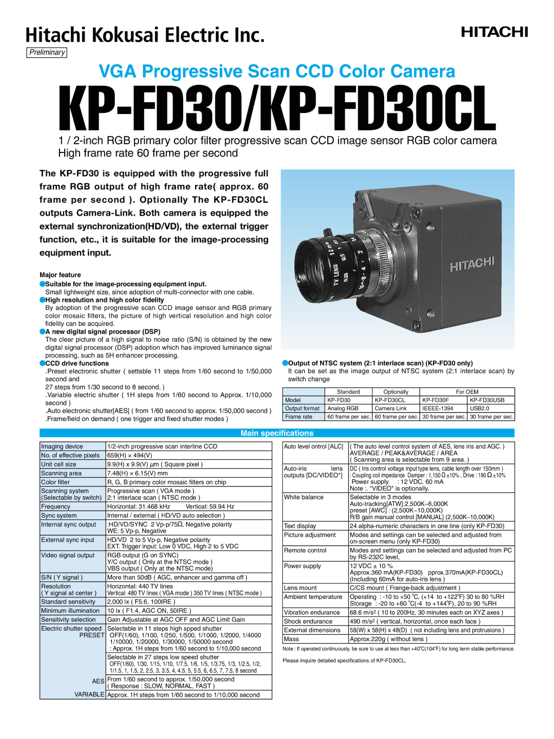 Hitachi KP-FD30 dimensions High resolution and high color fidelity, New digital signal processor DSP, CCD drive functions 