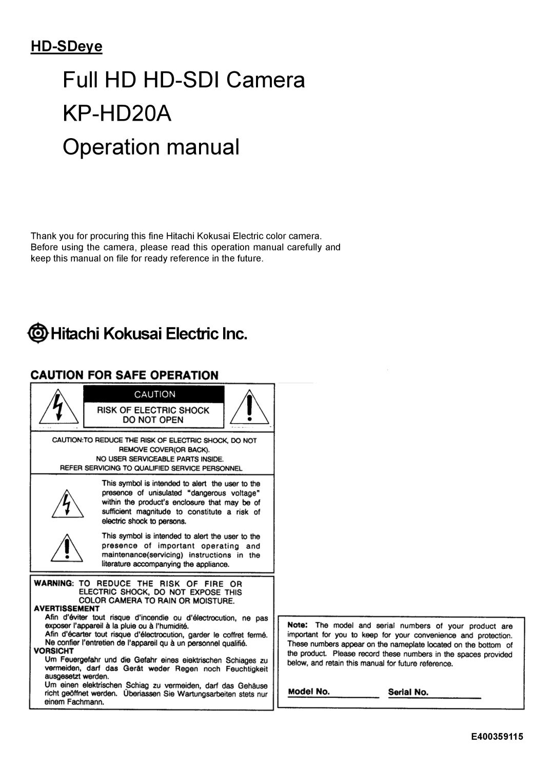 Hitachi kp-hd20a operation manual KP-HD20A, E400359115 