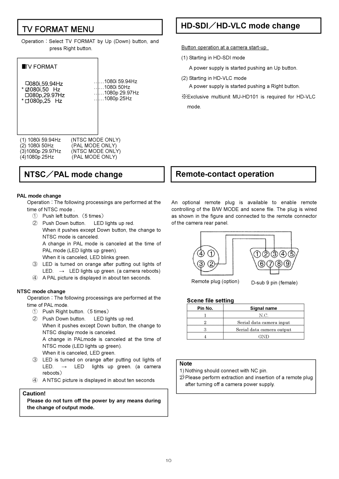 Hitachi kp-hd20a operation manual TV Format Menu, HD-SDI／HD-VLC mode change, NTSC／PAL mode change Remote-contact operation 