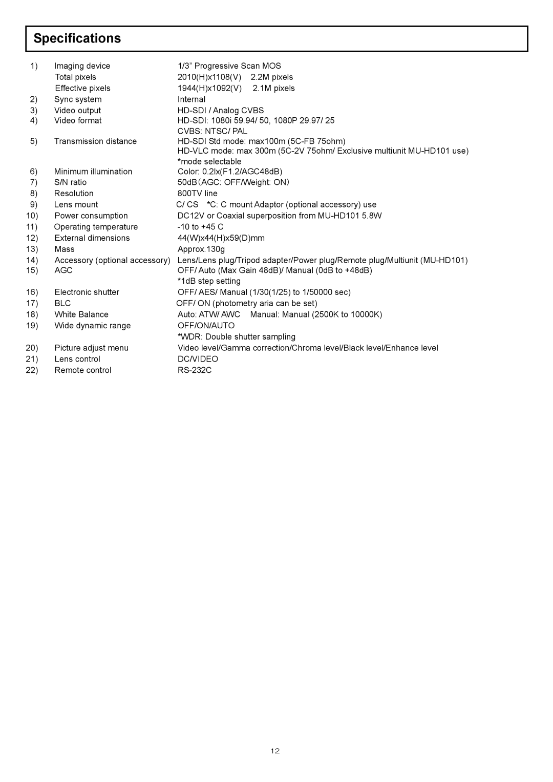 Hitachi kp-hd20a operation manual Specifications 