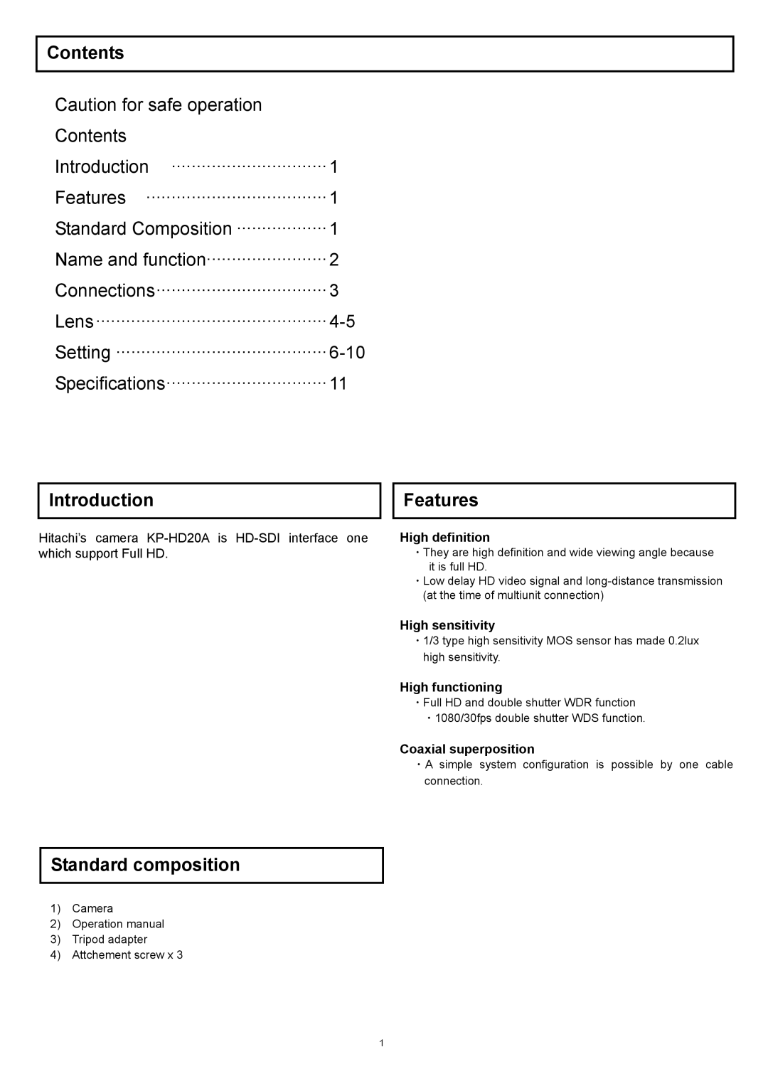 Hitachi kp-hd20a operation manual Contents, Introduction, Features, Standard composition 