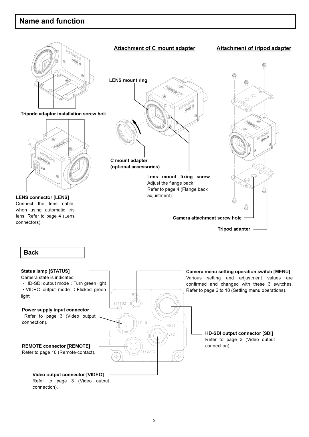 Hitachi kp-hd20a Name and function, Attachment of tripod adapter, Camera attachment screw hole Tripod adapter 