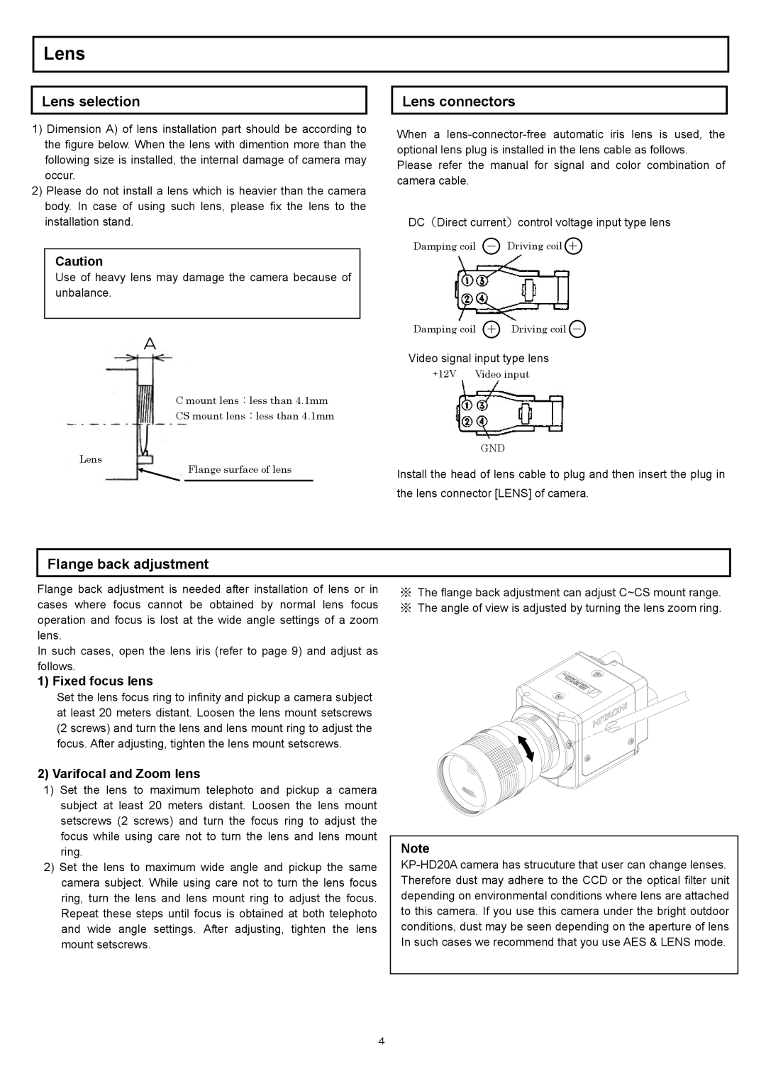 Hitachi kp-hd20a operation manual Lens, Fixed focus lens, Varifocal and Zoom lens 