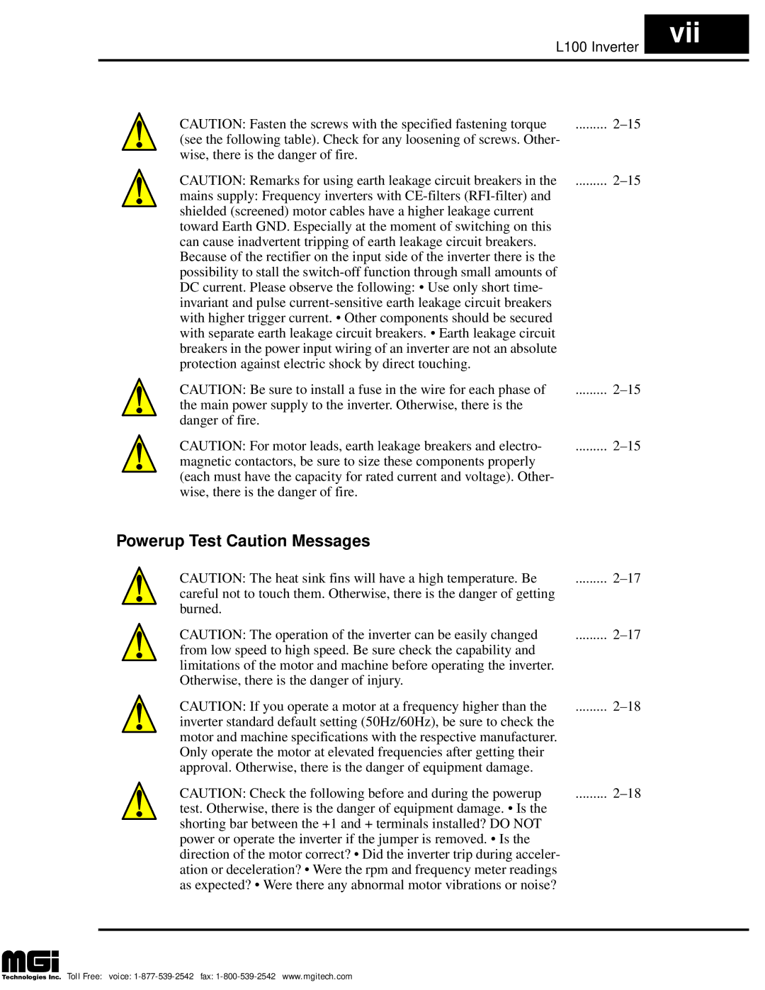 Hitachi L100 instruction manual Vii, Powerup Test Caution Messages 