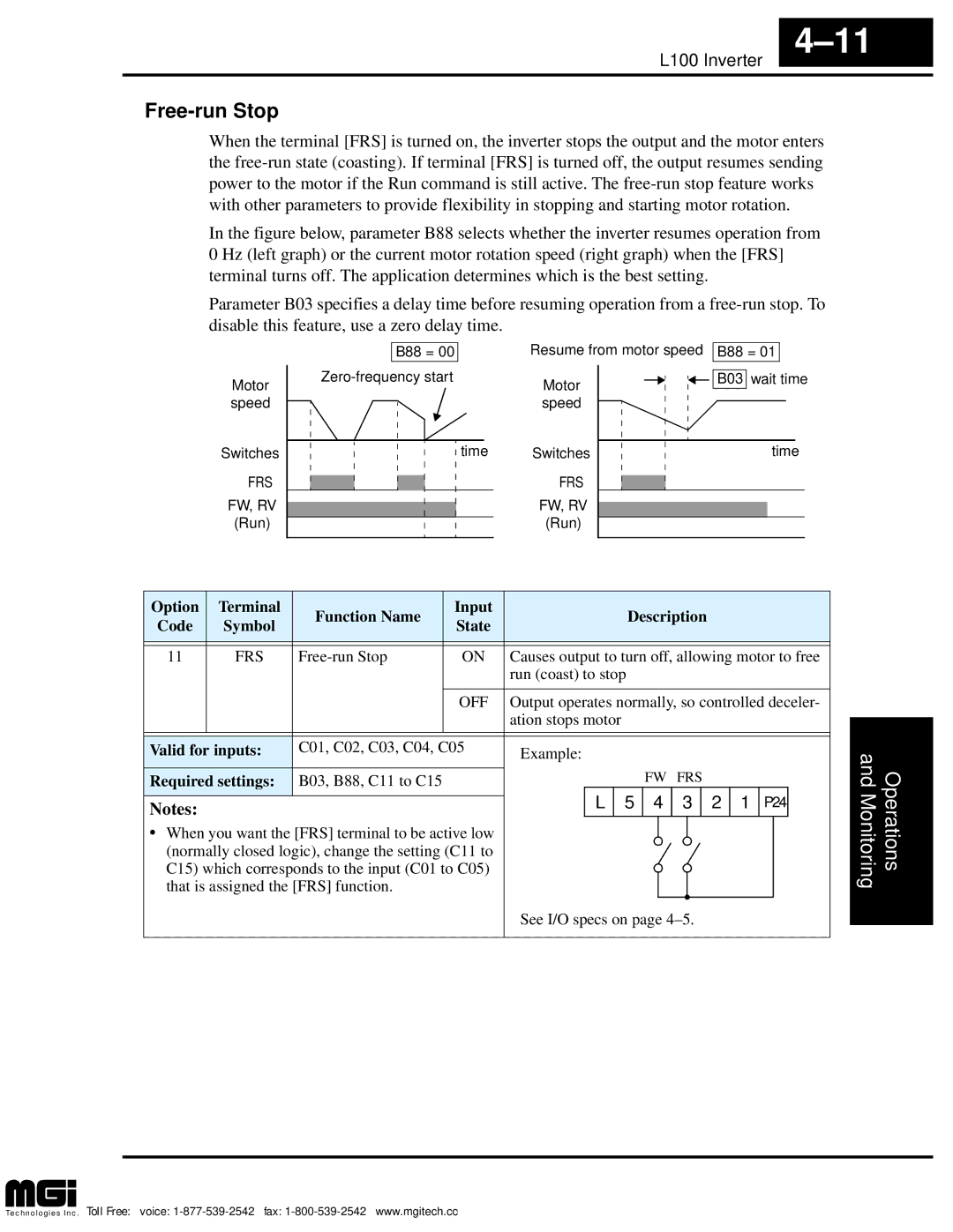 Hitachi L100 instruction manual Free-run Stop, Option Terminal Function Name Input Description Code Symbol 