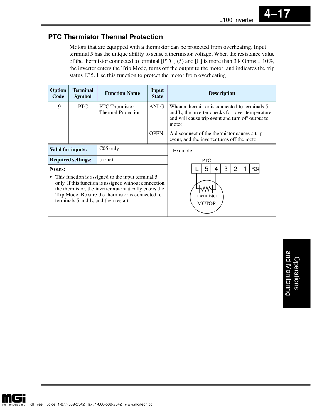 Hitachi L100 instruction manual PTC Thermistor Thermal Protection, Anlg, Open, Motor 