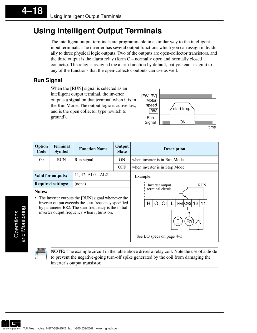 Hitachi L100 Using Intelligent Output Terminals, Run Signal, Option Terminal Function Name Output Description Code 