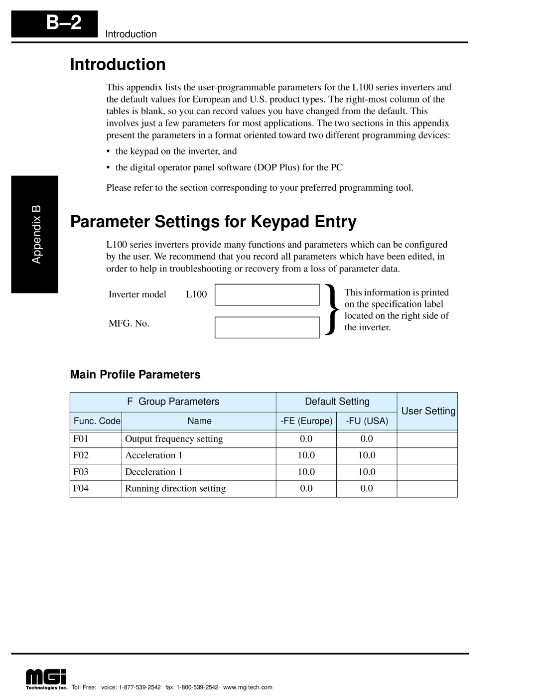 Hitachi L100 instruction manual Parameter Settings for Keypad Entry, Main Profile Parameters, Func. Code Name FE Europe 