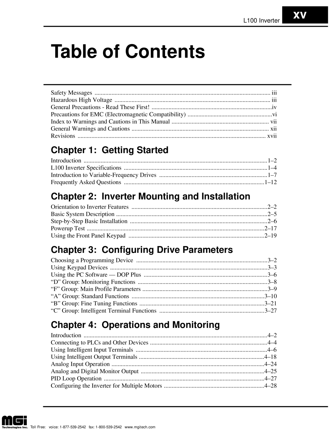 Hitachi L100 instruction manual Table of Contents 