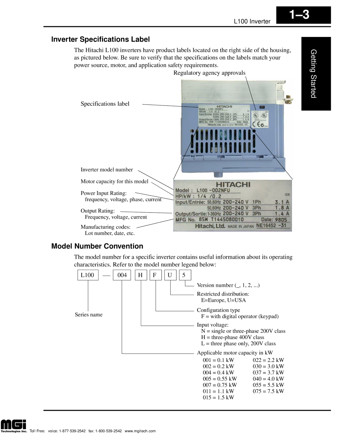 Hitachi instruction manual Inverter Specifications Label, Model Number Convention, L100 004 H F U 