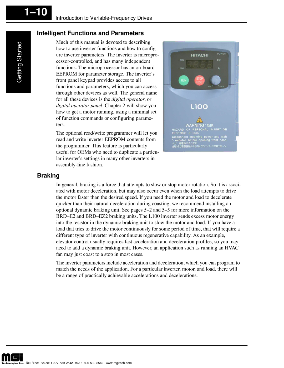 Hitachi L100 instruction manual Intelligent Functions and Parameters, Braking 