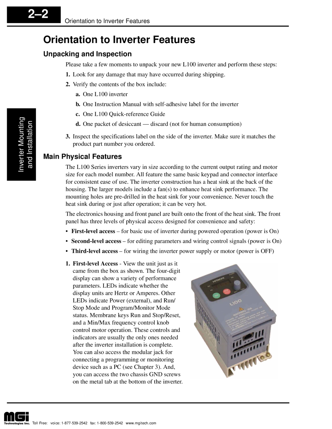 Hitachi L100 instruction manual Orientation to Inverter Features, Unpacking and Inspection, Main Physical Features 