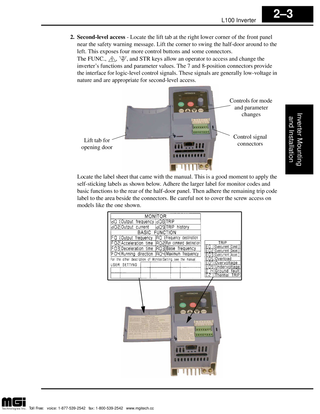 Hitachi L100 instruction manual Installation Inverter Mounting 