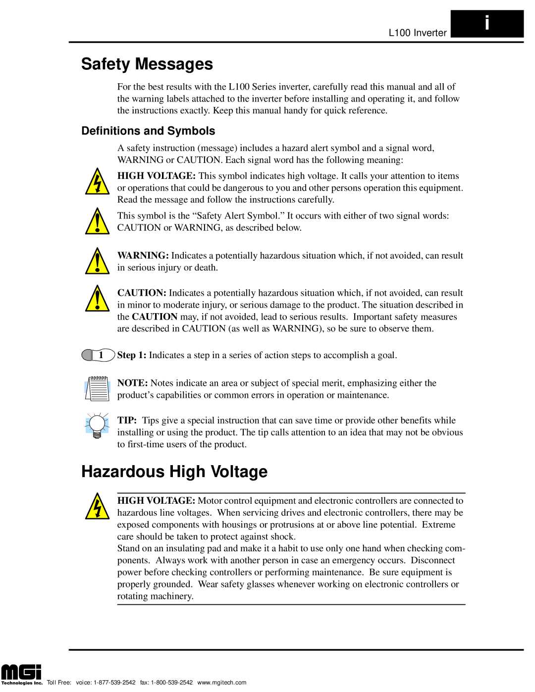 Hitachi L100 instruction manual Safety Messages, Hazardous High Voltage, Definitions and Symbols 