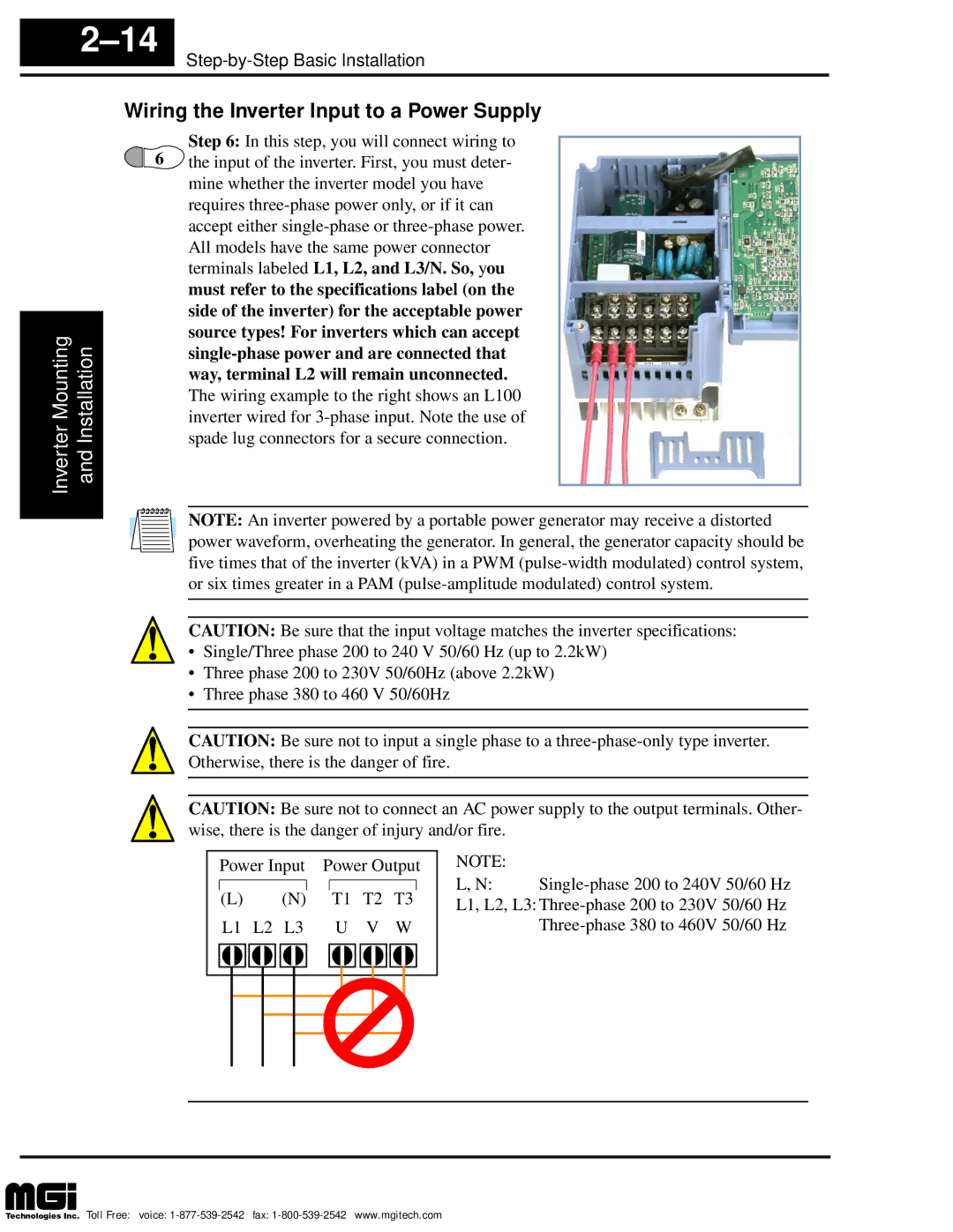 Hitachi L100 instruction manual Wiring the Inverter Input to a Power Supply 