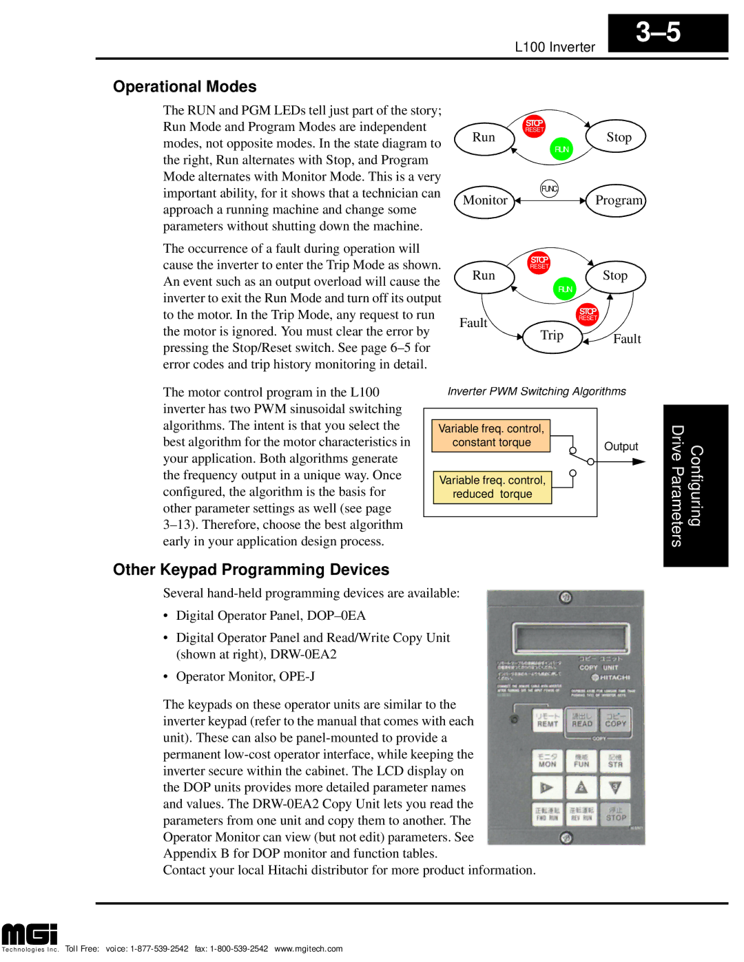 Hitachi L100 instruction manual Operational Modes, Other Keypad Programming Devices 