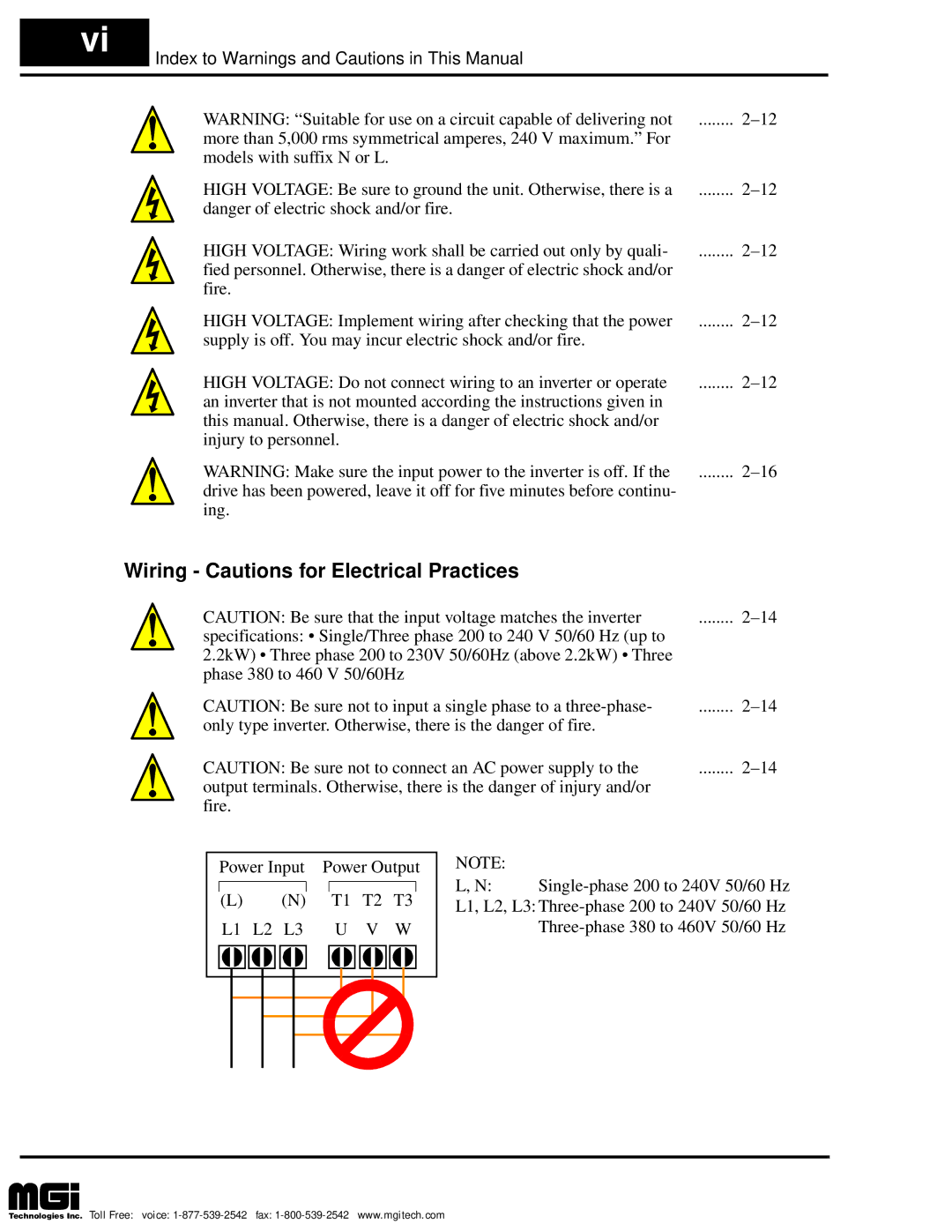 Hitachi L100 instruction manual Wiring Cautions for Electrical Practices, Index to Warnings and Cautions in This Manual 