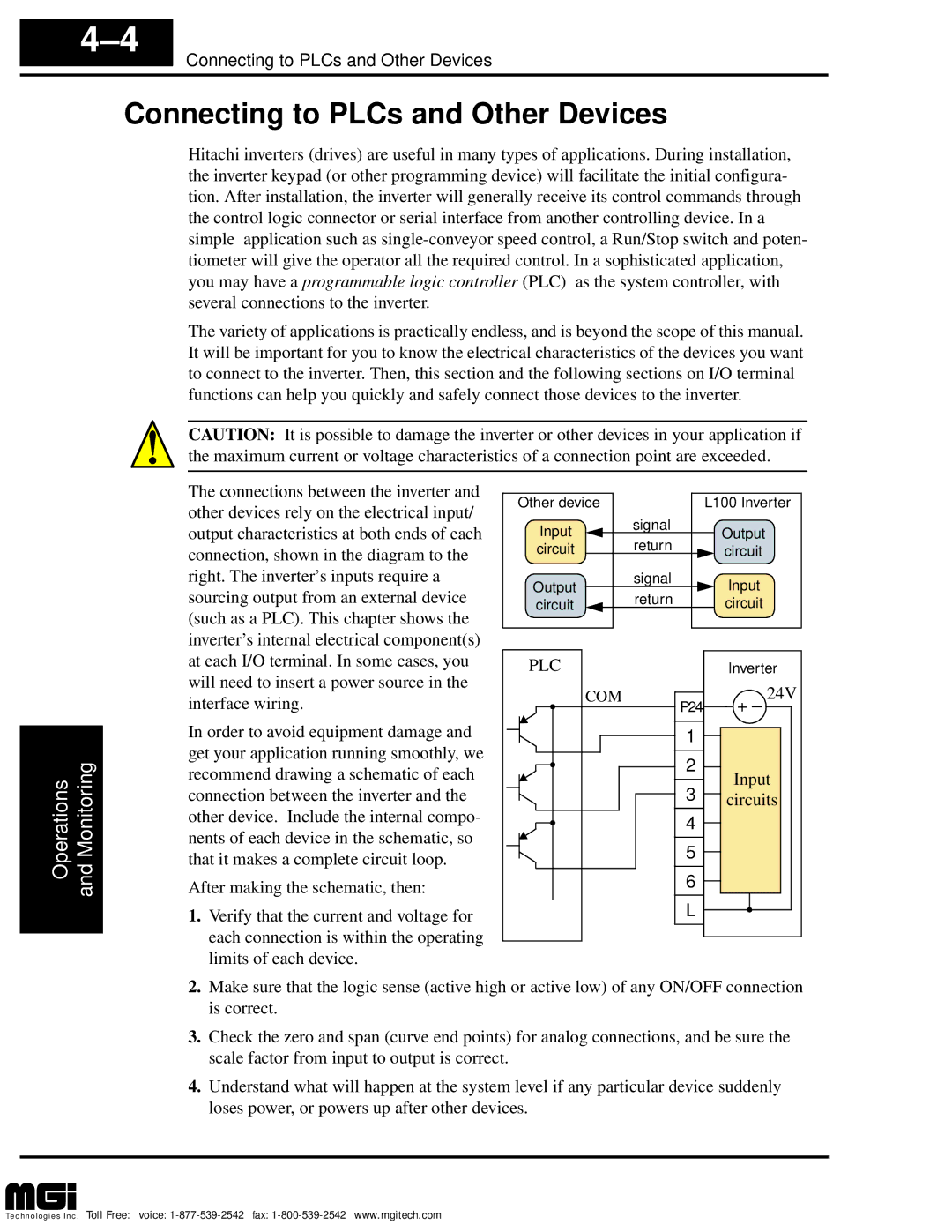 Hitachi L100 instruction manual Connecting to PLCs and Other Devices, 24V, Circuits, Com 