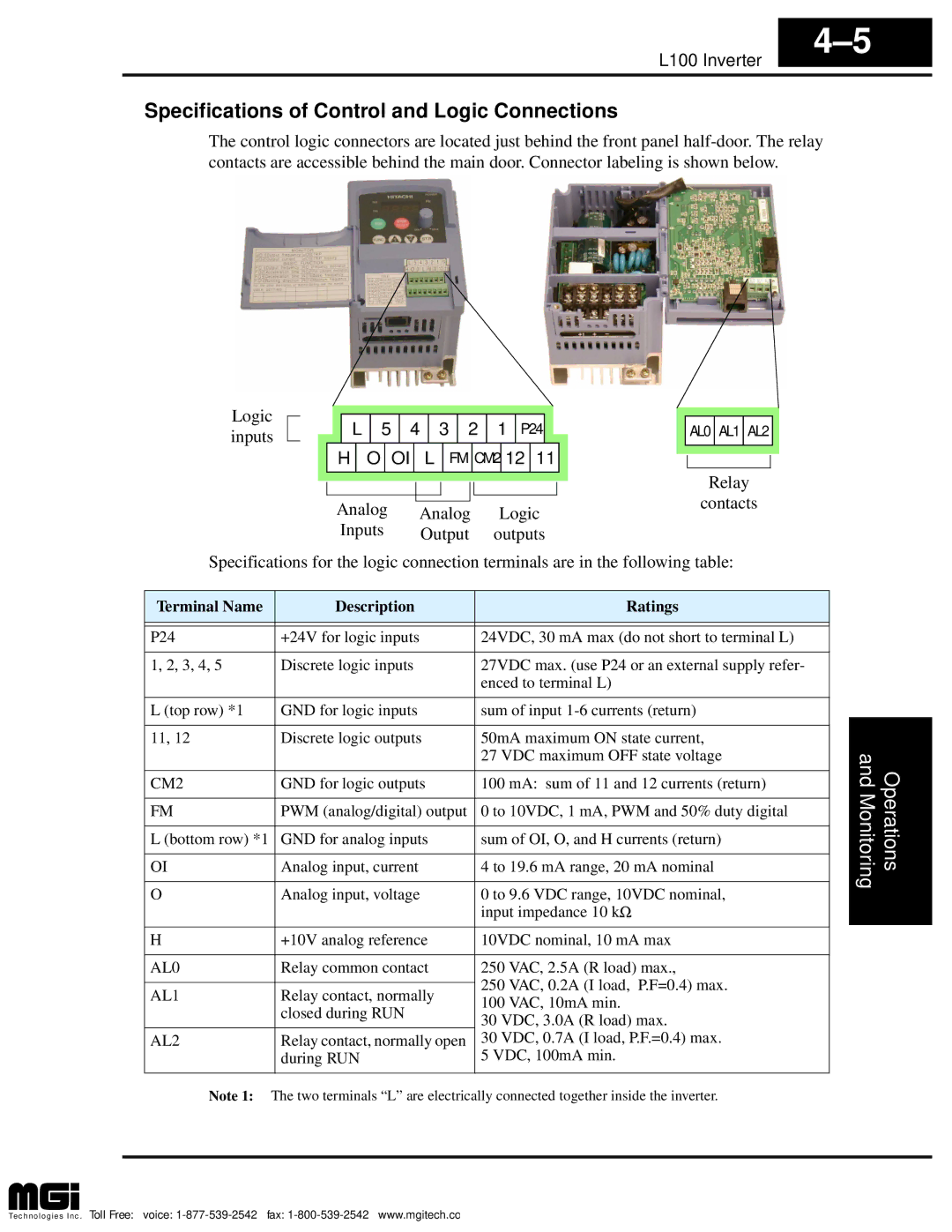 Hitachi L100 instruction manual Specifications of Control and Logic Connections, Analog Logic Inputs Output Outputs 