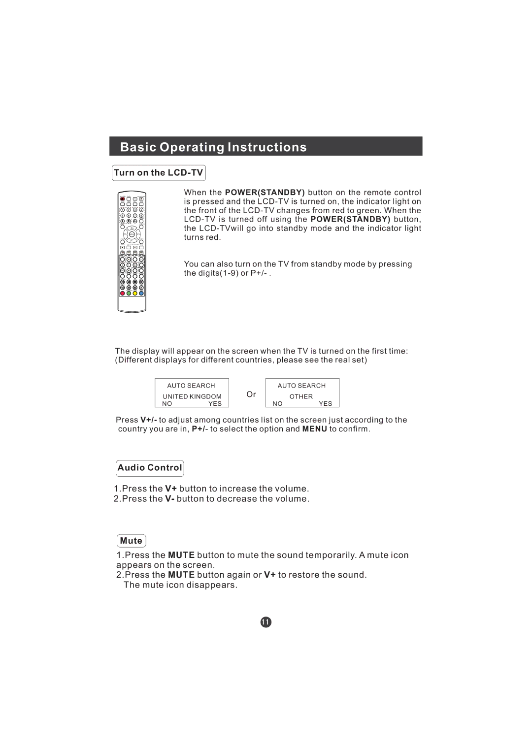 Hitachi L15TA11W user manual Basic Operating Instructions, Turn on the LCD-TV, Audio Control, Mute 