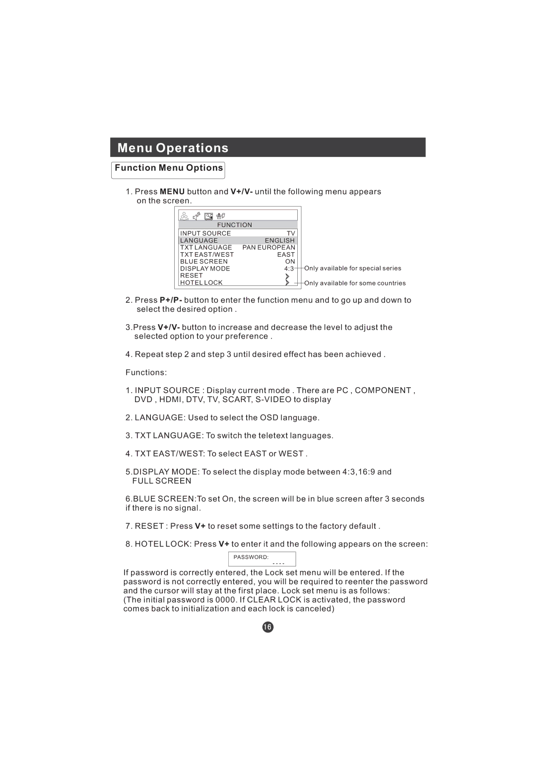 Hitachi L15TA11W user manual Function Menu Options, Reset Hotel Lock 