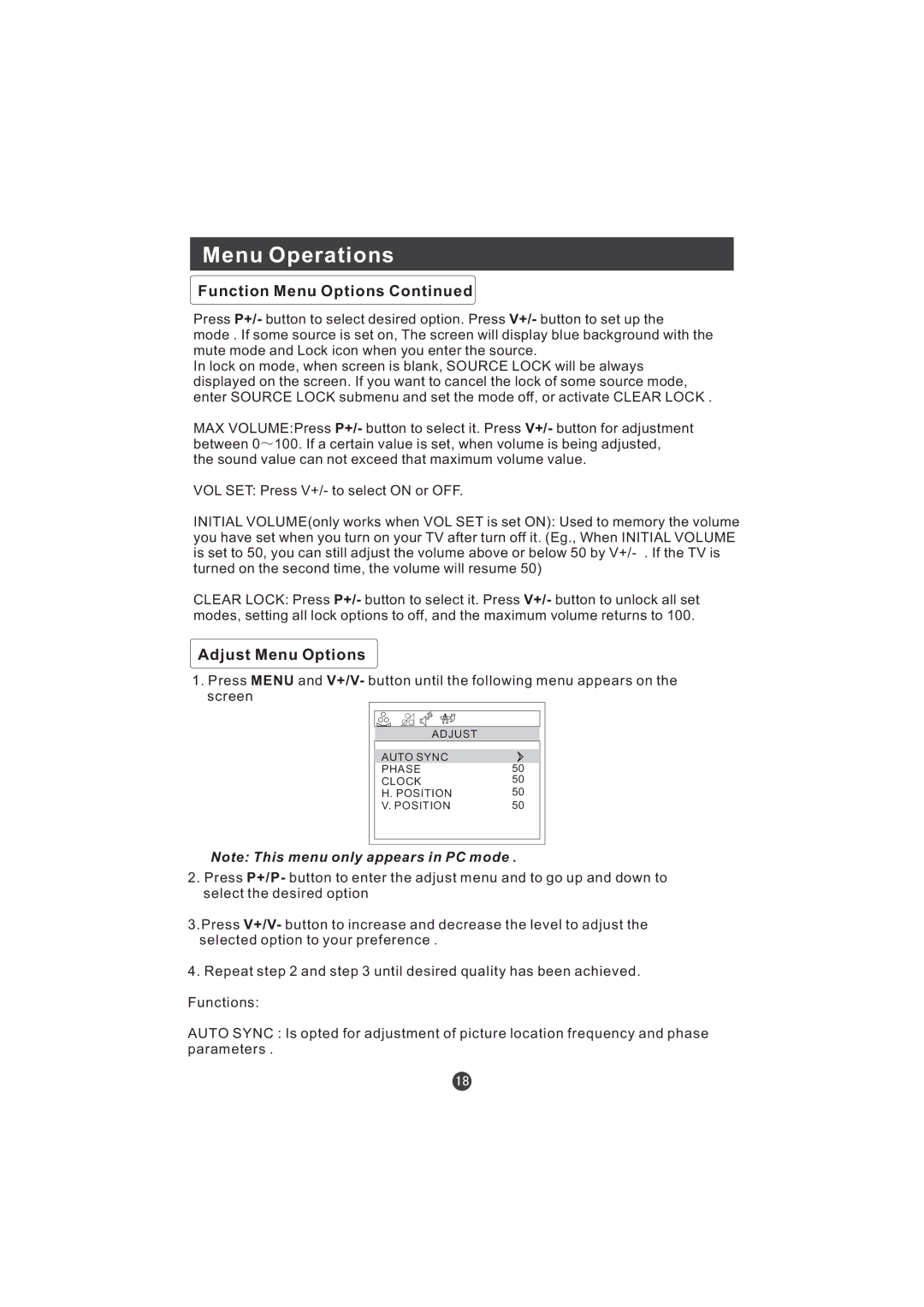 Hitachi L15TA11W user manual Adjust Menu Options 