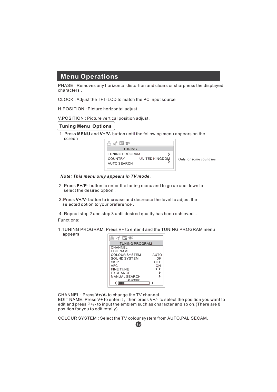 Hitachi L15TA11W user manual Tuning Menu Options 