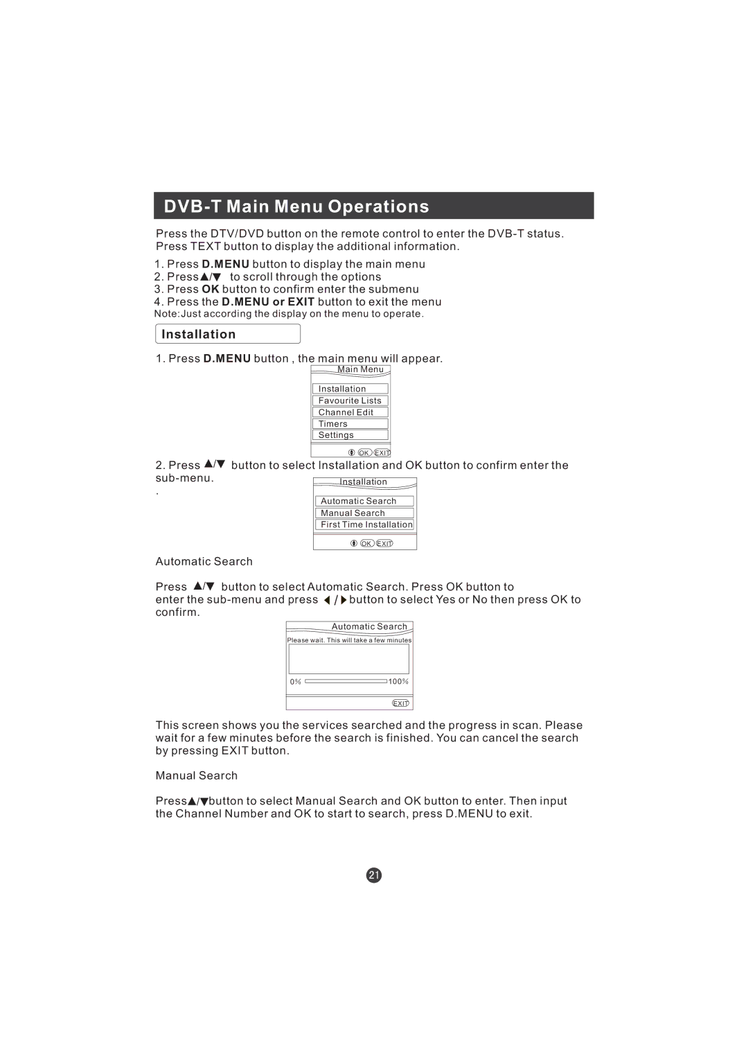 Hitachi L15TA11W user manual DVB-T Main Menu Operations, Installation 