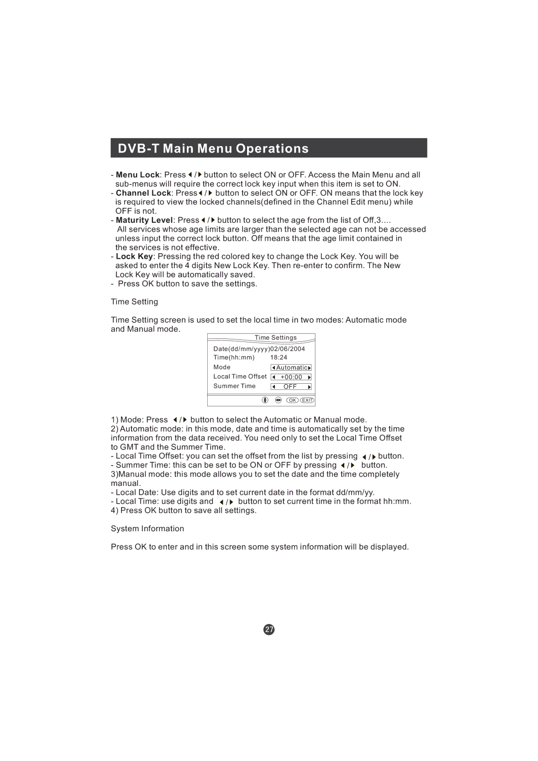 Hitachi L15TA11W user manual DVB-T Main Menu Operations 