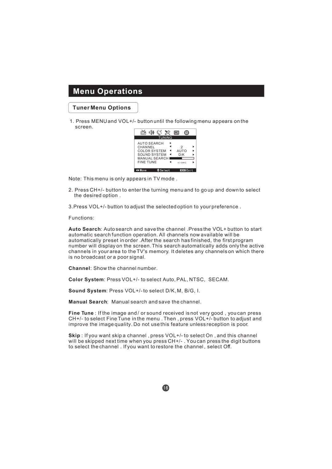 Hitachi L19T3W manual Tuner Menu Options 