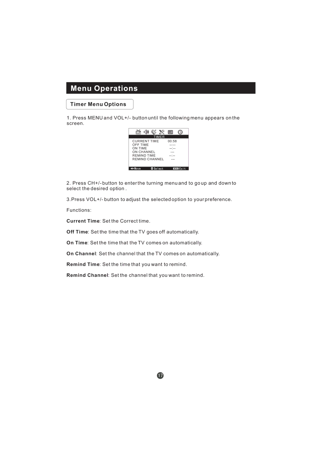 Hitachi L19T3W manual Timer Menu Options 