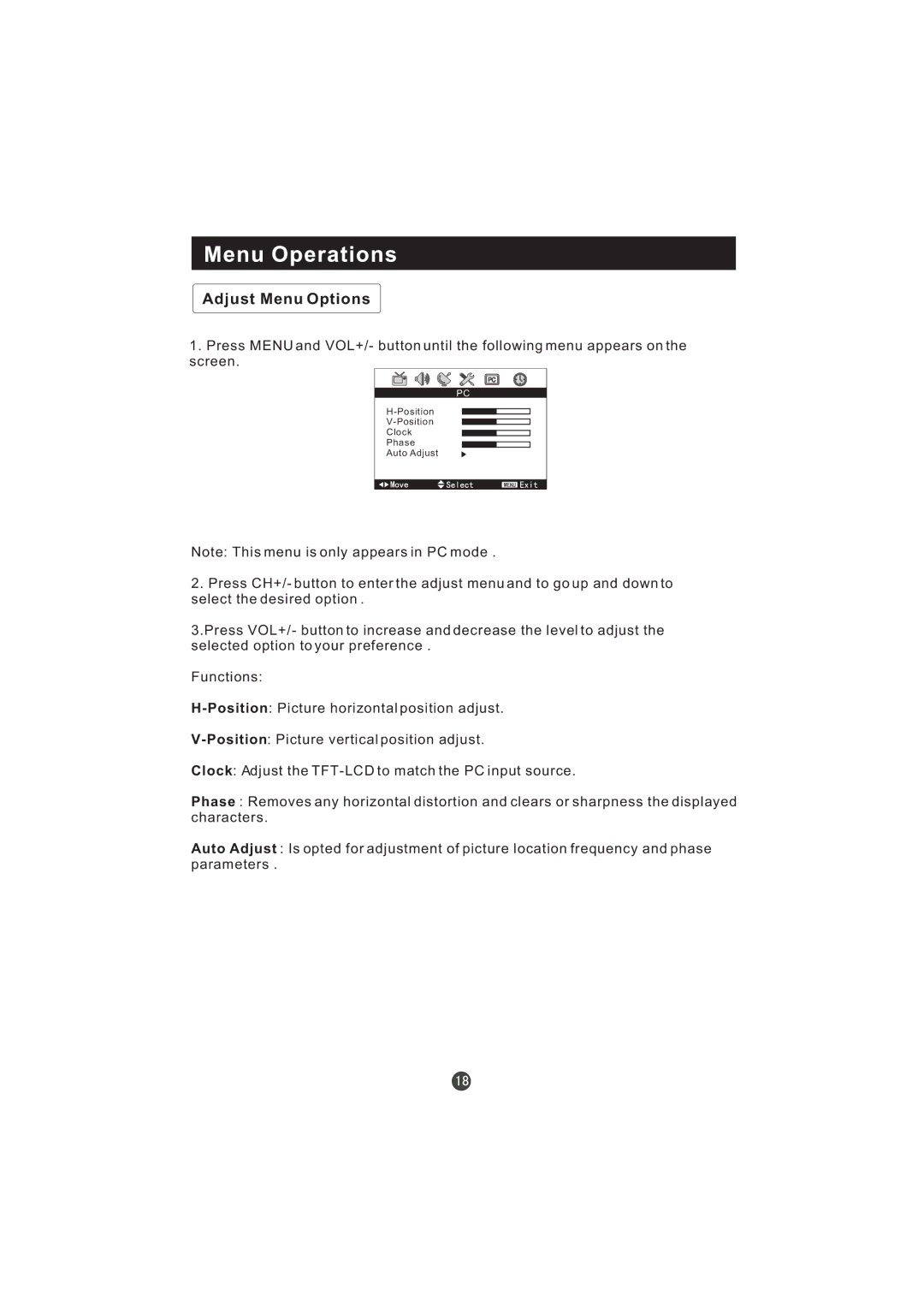 Hitachi L19T3W manual Adjust Menu Options 